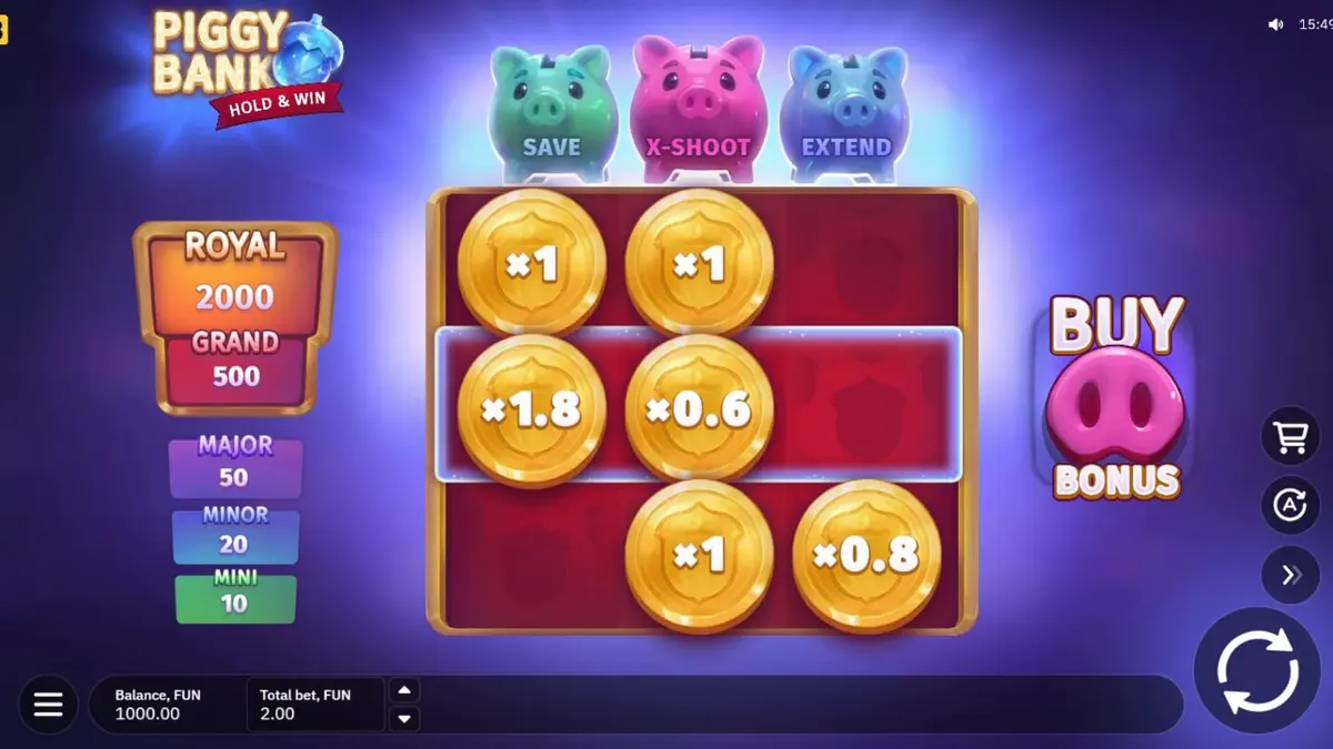 Tampilan layar permainan slot Piggy Bank Hold & Win dengan babi-babi kartun dan koin emas yang bersinar.