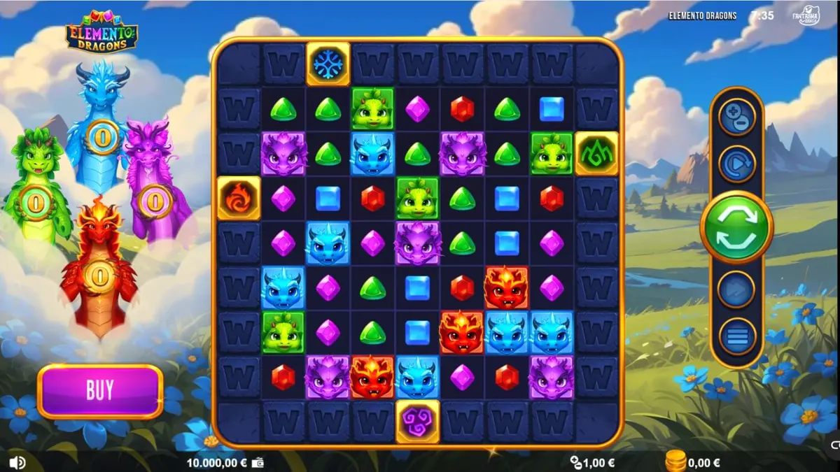 Tampilan visual grid 9x9 pada slot Elemento Dragons dengan elemen naga yang menyala.